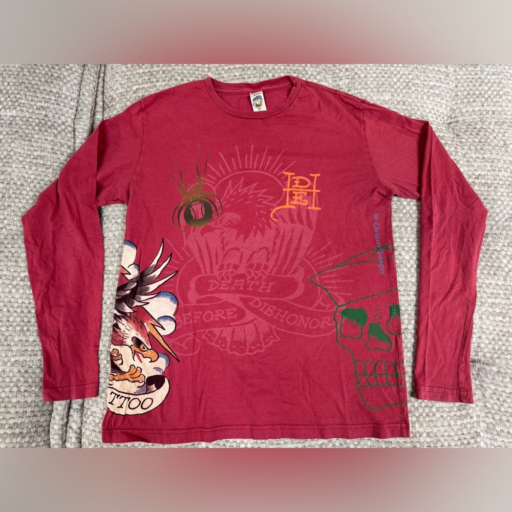 Ed Hardy Long Sleeve Shirt Men L Skull Eagle Y2K Spider Tattoo Red